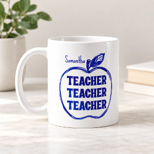 Teacher Blue Apple Sketch Personalised Coffee Mug