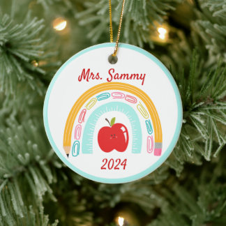 Teacher Boho Rainbow School Custom Christmas gift Ceramic Ornament