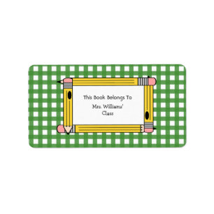 Teacher Bookplate - Green Gingham & Yellow Pencils Label