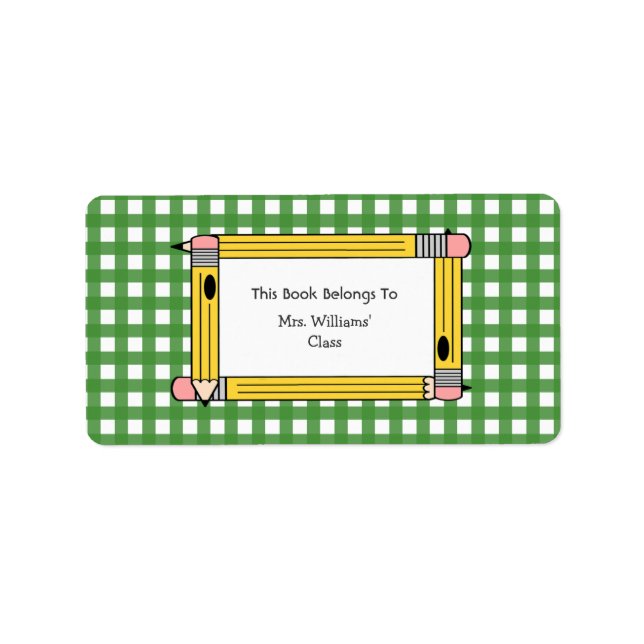 Teacher Bookplate - Green Gingham & Yellow Pencils Label (Front)