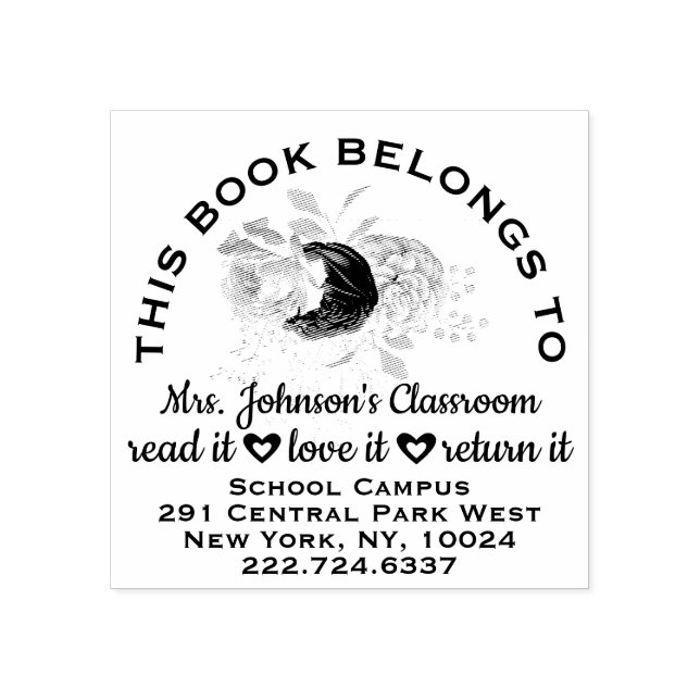 Teacher Bookplate Label Roses Adress Name Rubber Stamp (Imprint)