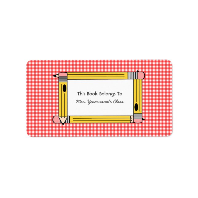 Teacher Bookplate - Red Gingham & Yellow Pencils Label (Front)