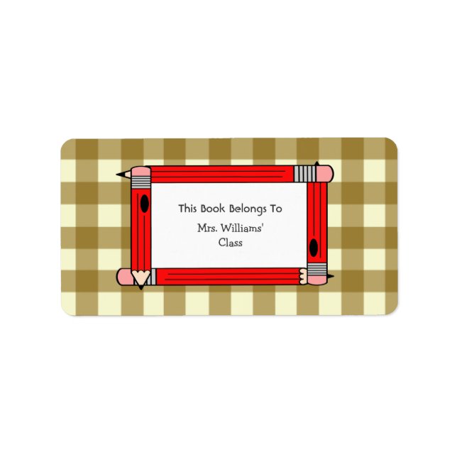 Teacher Bookplate - Tan Gingham & Red Pencils Label (Front)