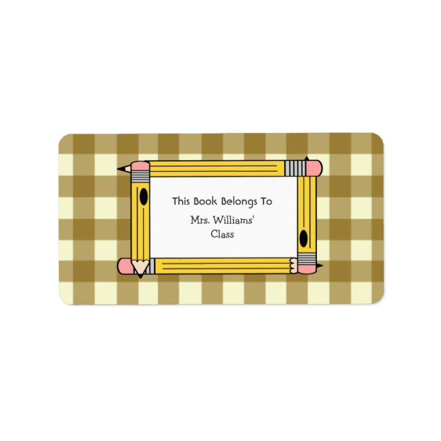 Teacher Bookplate - Tan Gingham & Yellow Pencils Label (Front)