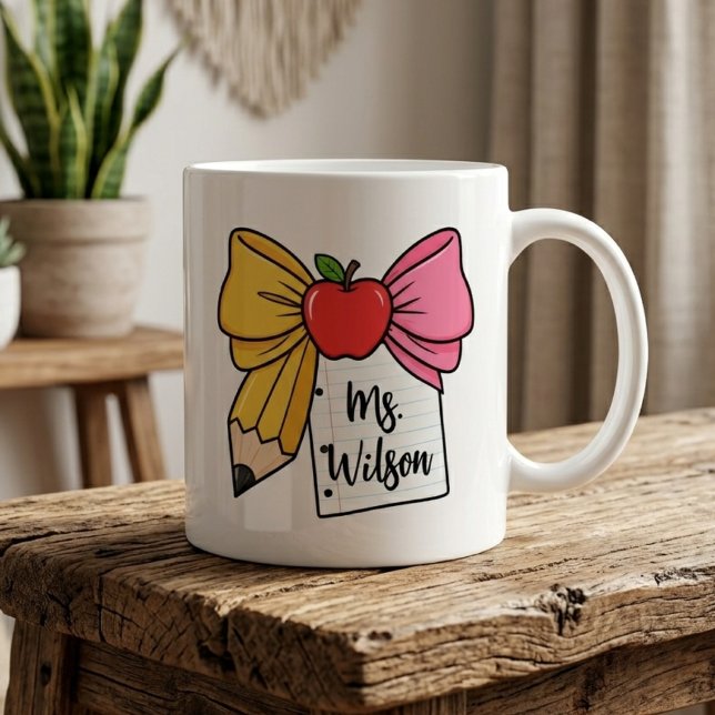 Teacher Bow Pencil Bow Back to School Personalised Coffee Mug (Teacher Bow Mug, Teacher Appreciation Mug, Back to School Teacher Mug, Teacher Graduation Mug)