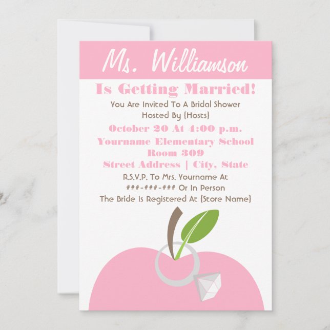 Teacher Bridal Shower Invite - Pink Apple & Ring (Front)