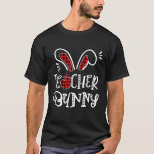 Teacher Bunny Apple Bunny Ears Buffalo Plaid Easte T-Shirt
