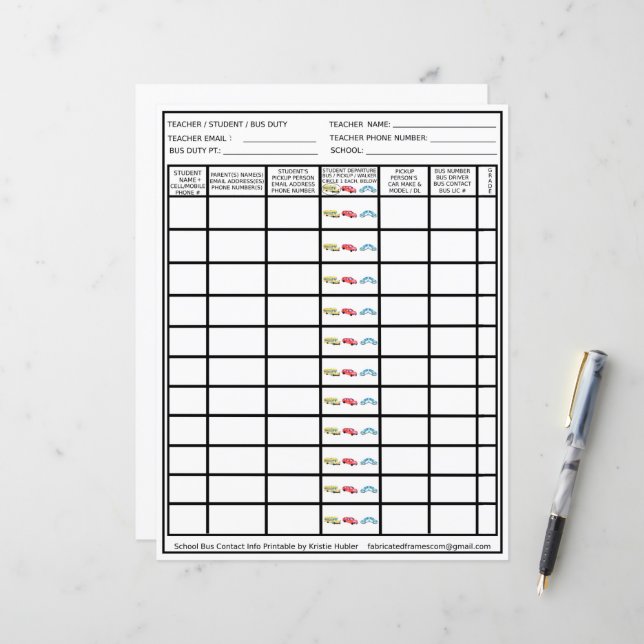 Teacher Bus Duty Driver Pickup Student List (Front/Back In Situ)