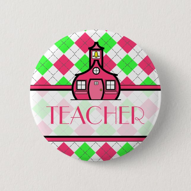 Teacher Button - Pink and Green Argyle (Front)