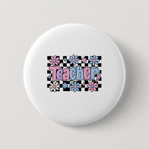 Teacher Chequered Floral Gifts Back To School 6 Cm Round Badge