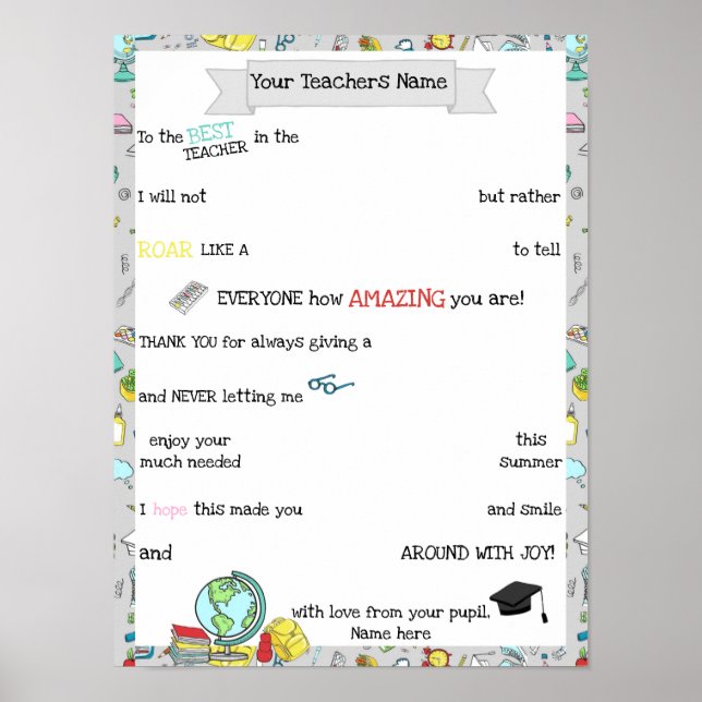 Teacher Chocolate Board, Candy Poster Message gift (Front)