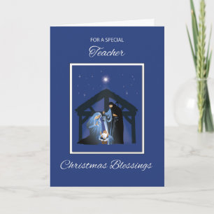 Teacher Christmas Blessings Manger on Blue Card