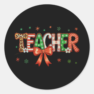 Teacher Christmas Coquette Bow Xmas Crayon School Classic Round Sticker