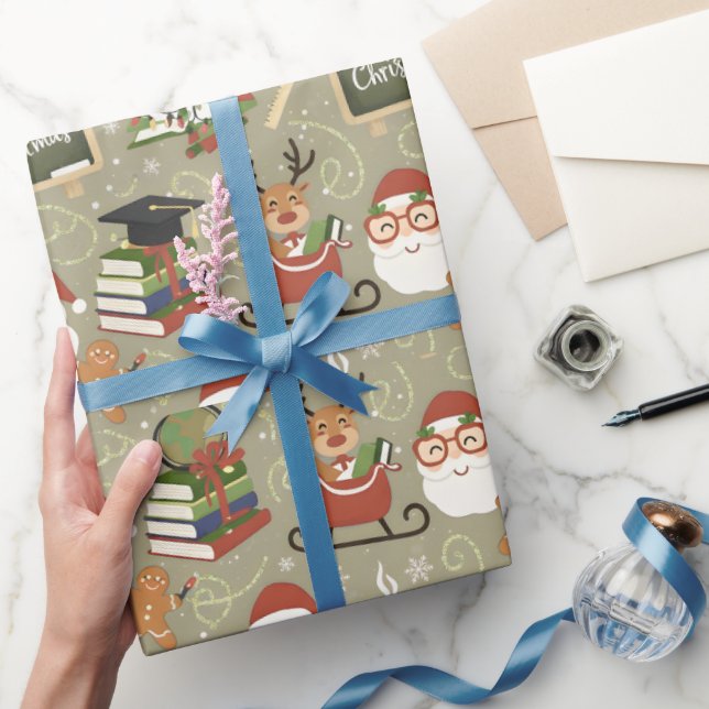 Teacher Christmas Cute Reindeer Santa School Wrapping Paper (Gifting)