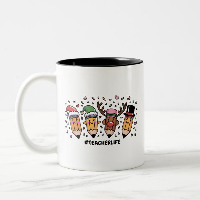 Teacher Christmas Pencils Teacher Life Merry Xmas  Two-Tone Coffee Mug (Left)