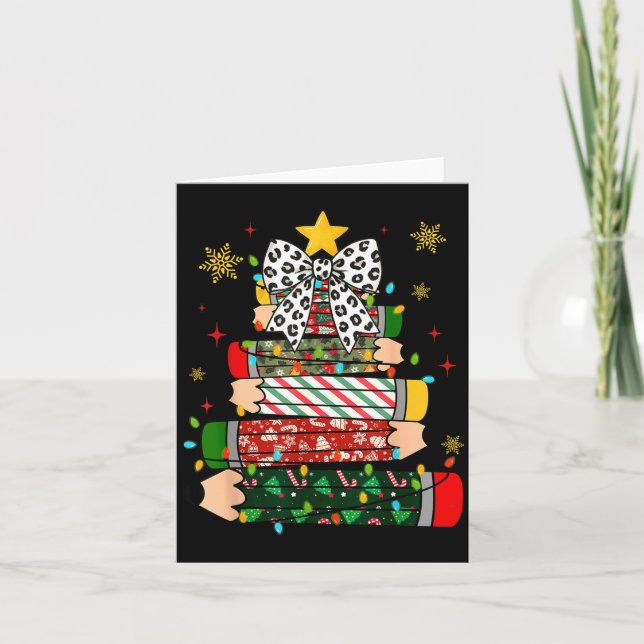 Teacher Christmas Tree Lights Pencil Leopard Print Card (Front)