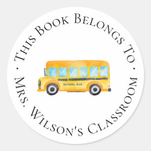 Teacher Classroom Bookplate with School Bus Classic Round Sticker