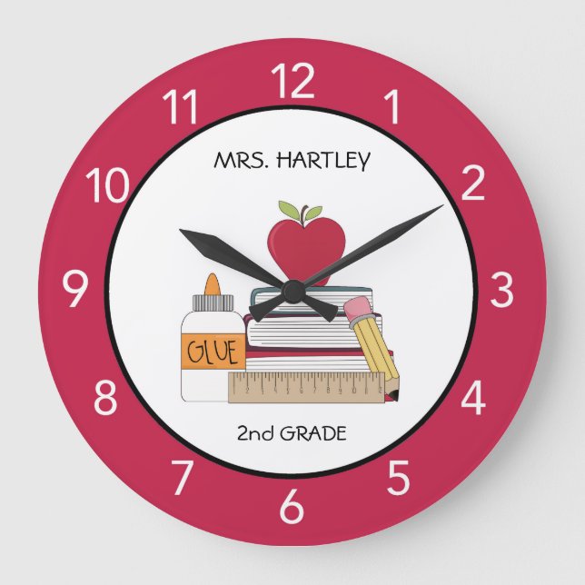 Teacher Classroom Red Apple Custom  Large Clock (Front)