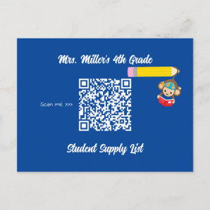 Teacher Classroom Supply List QR Code Monkey Postcard