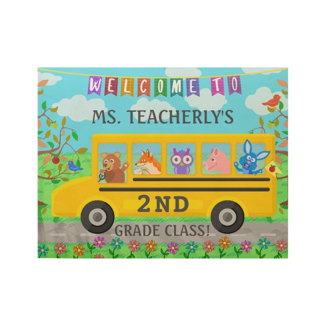 Teacher Classroom Welcome Sign Cute Animals on Bus (Front)