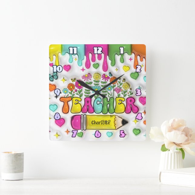 Teacher: Colourful, Floral, Inspiring Design Square Wall Clock (Home)