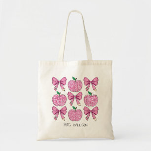 Teacher Coquette Apple School Pencil Bow Tote Bag