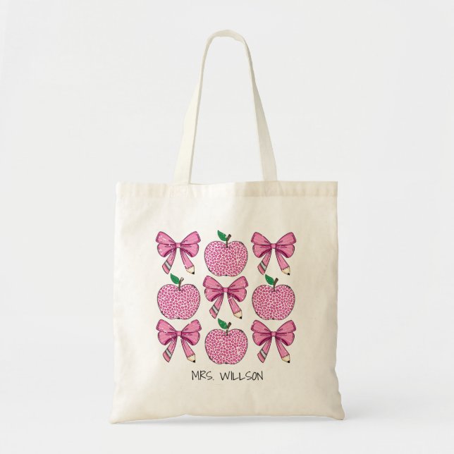 Teacher Coquette Apple School Pencil Bow Tote Bag (Front)
