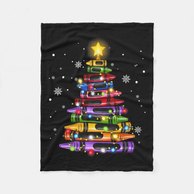 Teacher Crayon Christmas Tree Lights Student Schoo Fleece Blanket (Front)