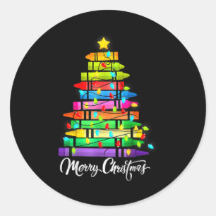 Teacher Crayon Merry Christmas Tree Lights School  Classic Round Sticker
