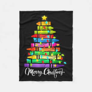 Teacher Crayon Merry Christmas Tree Lights School  Fleece Blanket