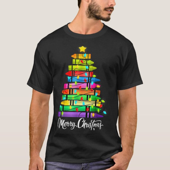 Teacher Crayon Merry Christmas Tree Lights School  T-Shirt (Front)