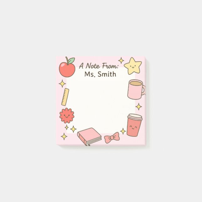 Teacher Cute Pink Personalise Post-It Sticky Notes (Front)
