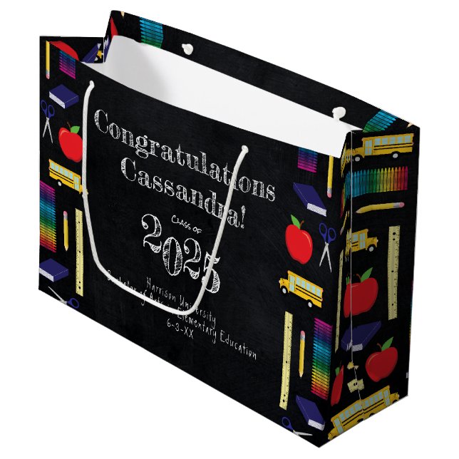 Teacher Education Chalkboard Graduation Large Gift Bag (Front Angled)