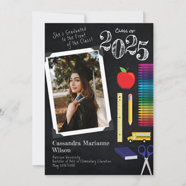 Teacher Education Chalkboard Graduation Portrait Invitation (Front)