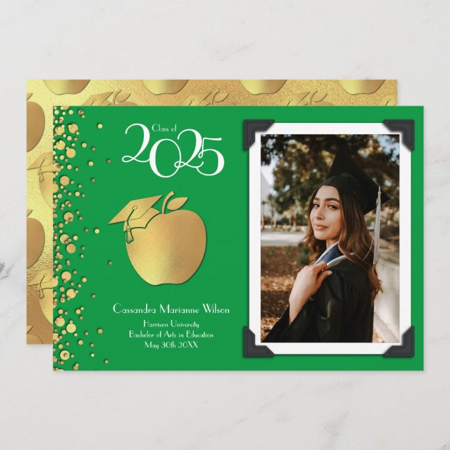 Teacher Education Gold Graduation Green Invitation (Front/Back)