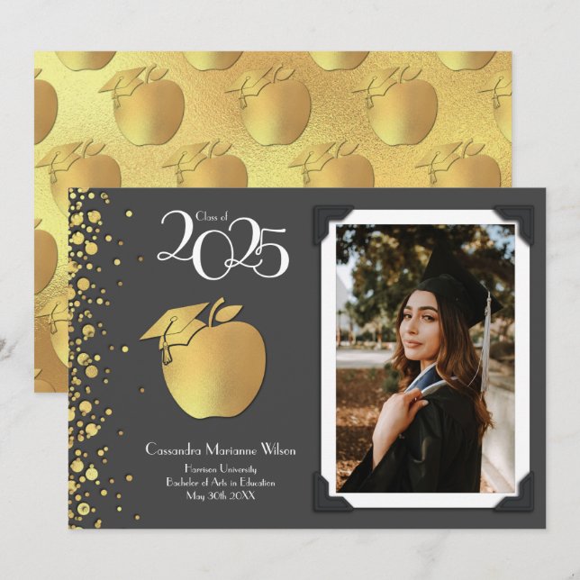 Teacher Education Gold Graduation Grey Invitation (Front/Back)