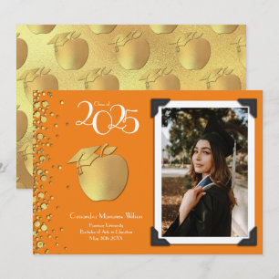 Teacher Education Gold Graduation Orange Invitation