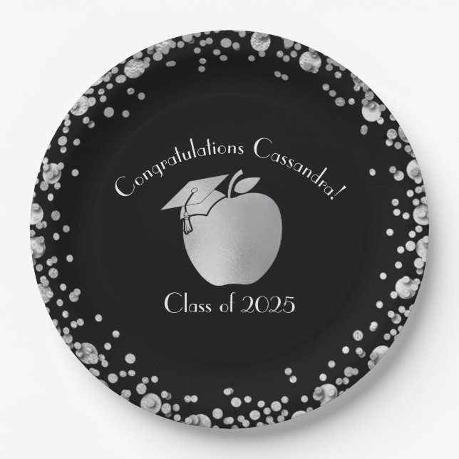 Teacher Education Graduation Black Silver Paper Plate (Front)
