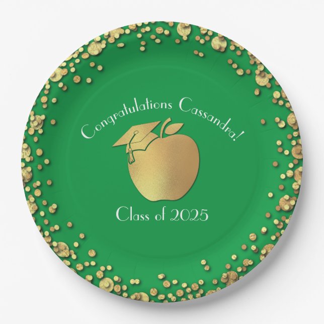 Teacher Education Graduation Green Gold Paper Plate (Front)