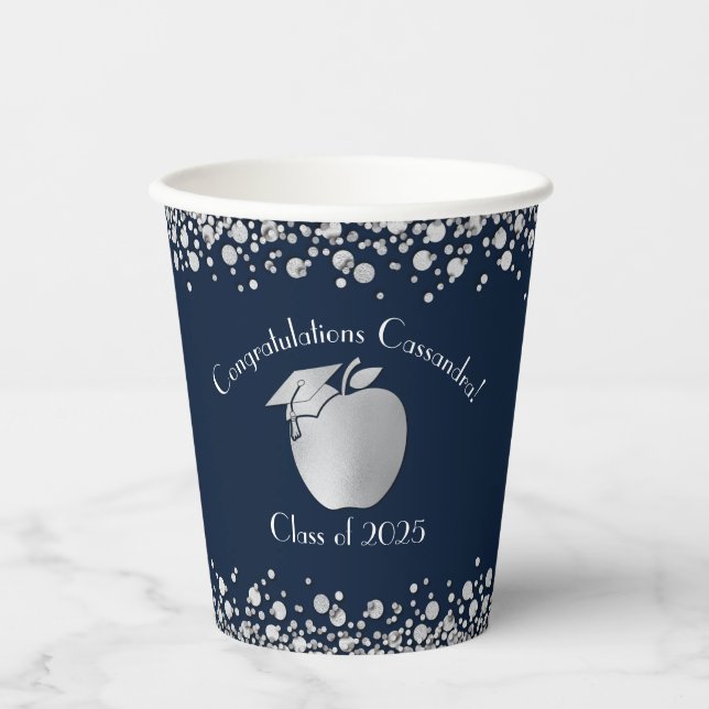 Teacher Education Graduation Navy Blue Silver Paper Cups (Front)