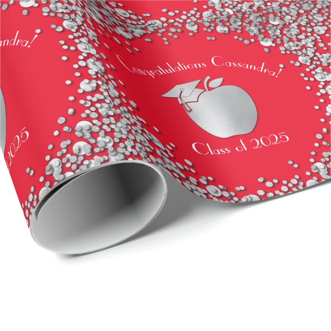 Teacher Education Graduation Red Silver Wrapping Paper (Roll Corner)