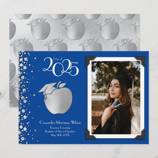 Teacher Education Silver Graduation Blue Invitation (Front/Back)