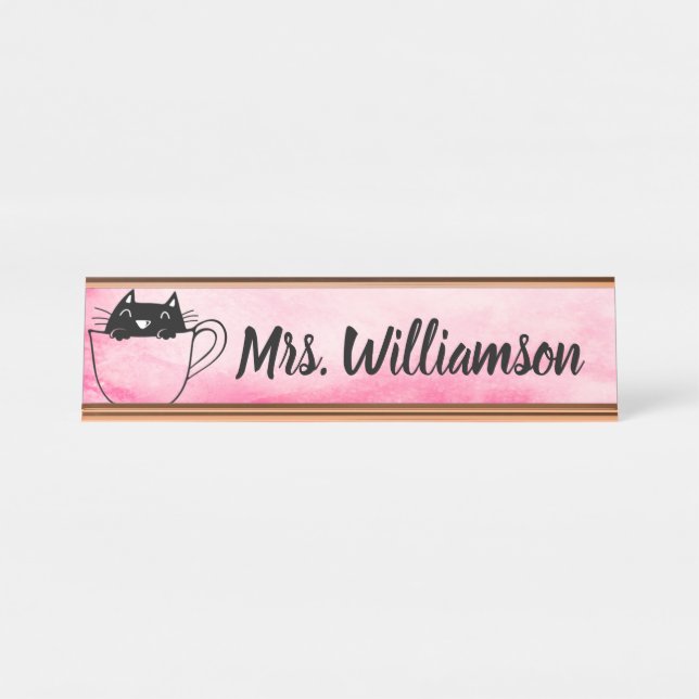 Teacher Educator Pink Black Cat Kitten Desk Name Plate (Front)
