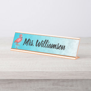 Teacher Educator Professional Pink Flamingo Blue Desk Name Plate