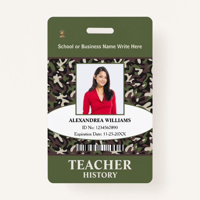 Teacher Employee Photo Name Camo Pattern ID Custom ID Badge (Front)