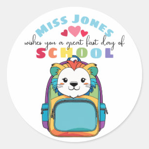 teacher first day, class welcome cute lion classic round sticker