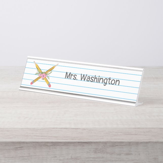 Teacher Floral Yellow Pencils Notebook Stripes Desk Name Plate (Front)