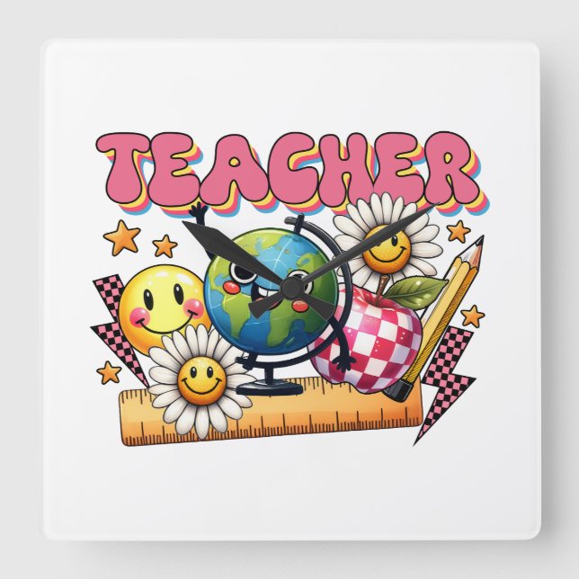 Teacher Gift | Floral Teacher Square Wall Clock (Front)