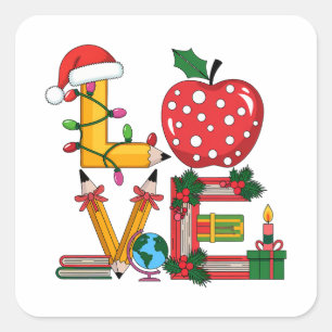 Teacher Gift Love Pencil Apple Books Square Sticker
