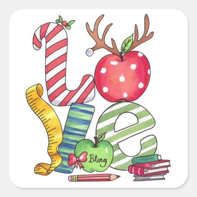 Teacher Gift | Love Pencil Apple Square Sticker (Front)